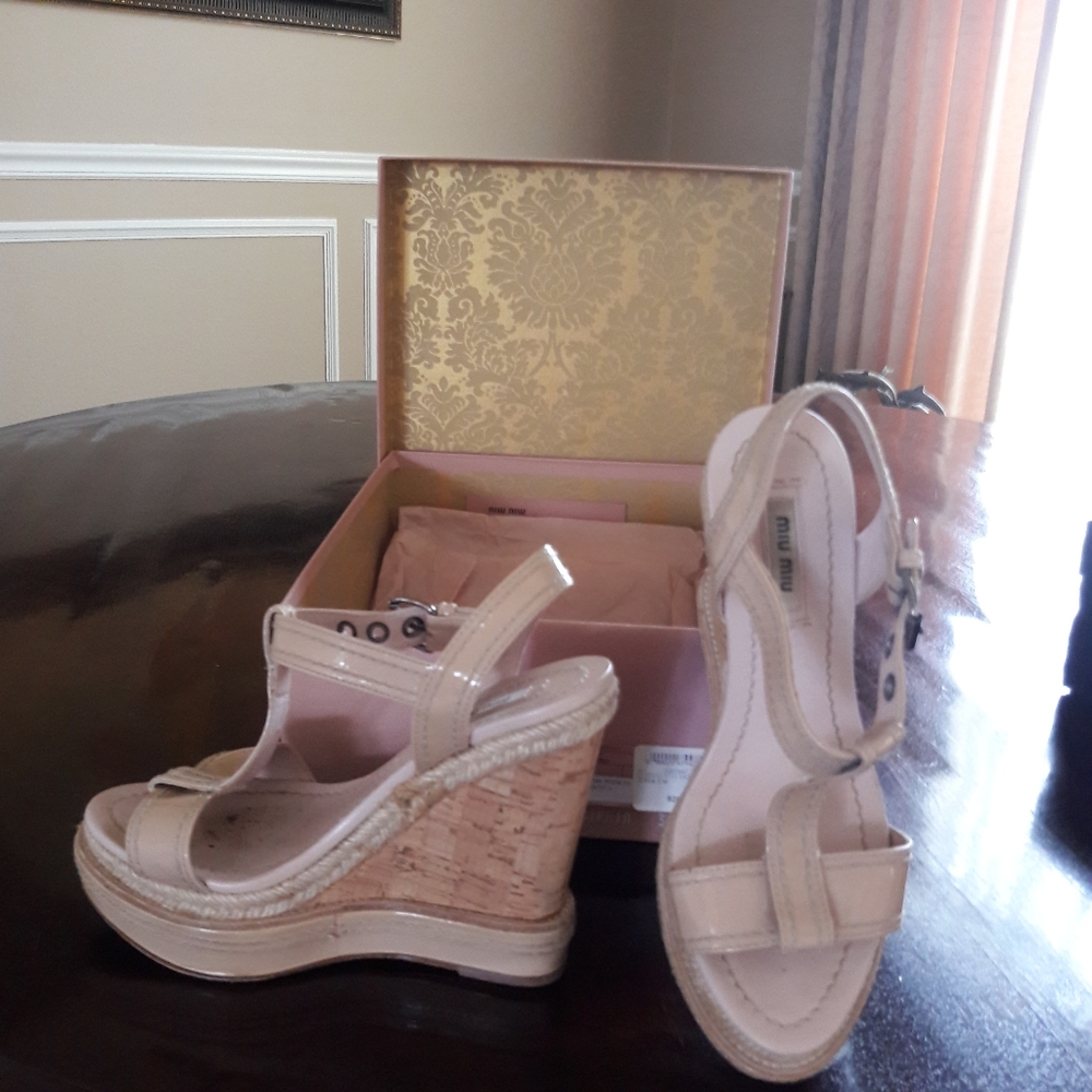 Miu Miu  wedge patent t-strap sandal